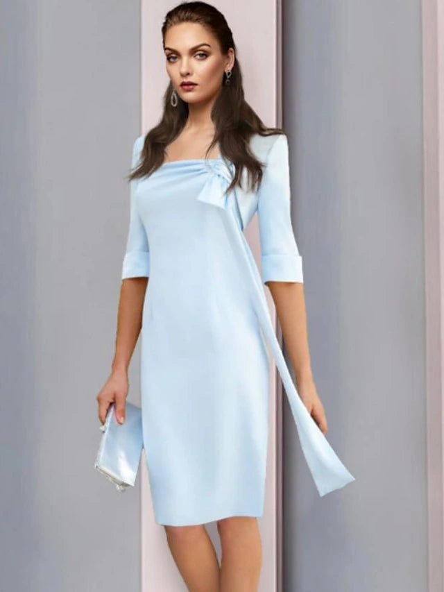 Luolandi Sheath / Column Mother of the Bride Dress Simple Elegant Square Neck Knee Length Fabric Half Sleeve