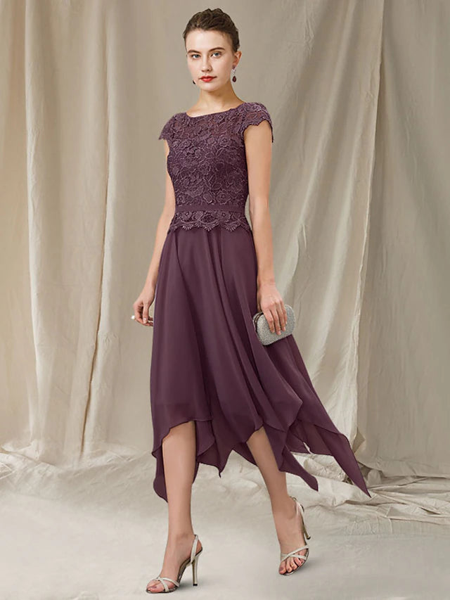 Luolandi A-Line Mother of the Bride Dress Elegant High Low Jewel Neck Asymmetrical Tea Length Chiffon Lace Short Sleeve