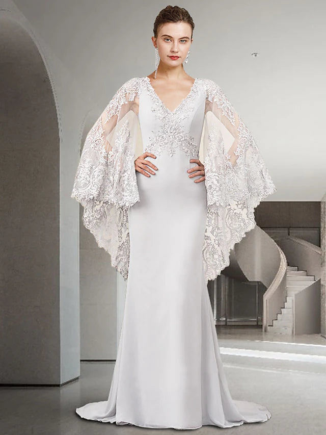 Luolandi Sheath / Column Mother of the Bride Dress Luxurious Elegant V Neck Sweep / Brush Train Chiffon Lace Long Sleeve with Beading