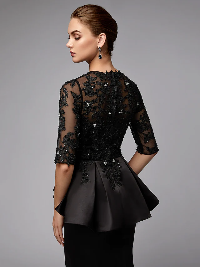 Luolandi Mother of the Bride Dress Sexy See Through Jewel Neck Lace Satin Half Sleeve with Beading Appliques Black
