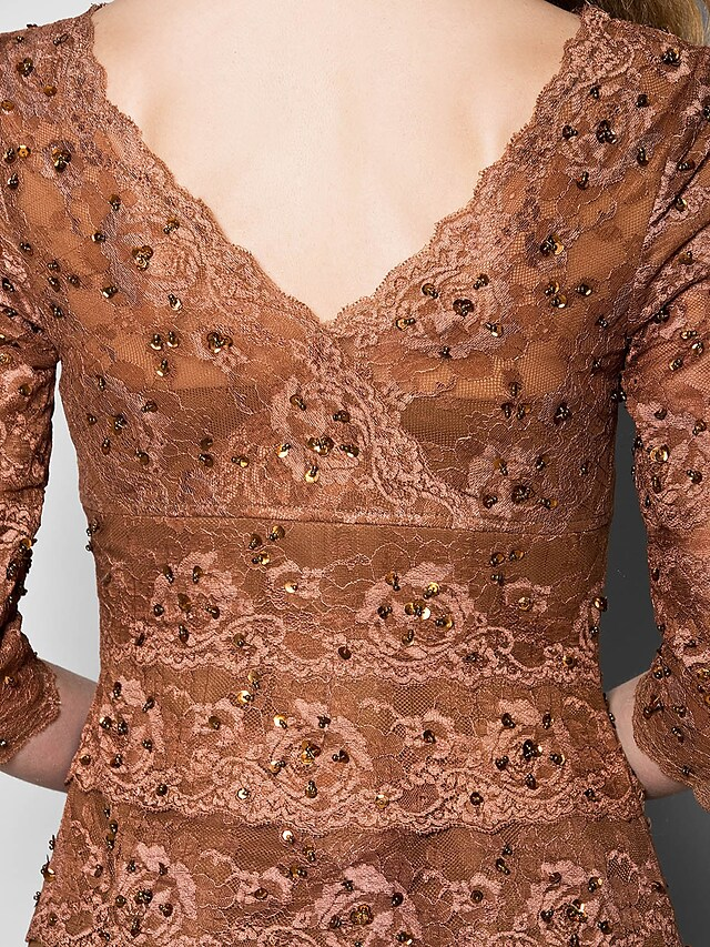 Luolandi A-Line Mother of the Bride Dress V Neck Floor Length Lace Georgette Length with Lace Beading Brown