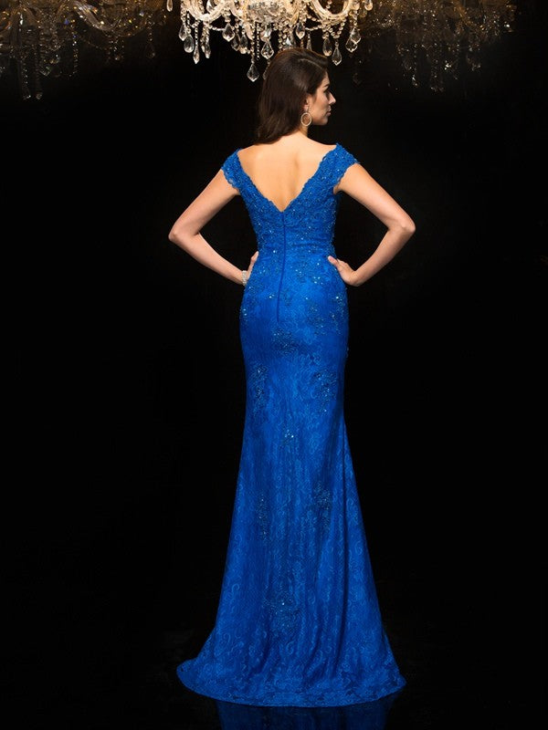 Luolandi V-neck Lace Sleeveless Long Lace Mother of the Bride Dresses Blue Floor Length