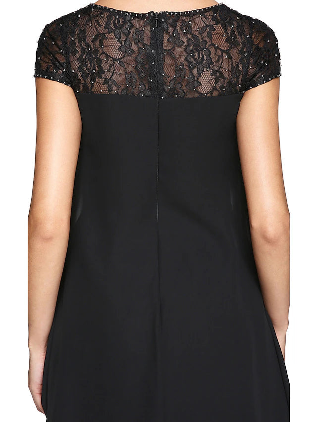 Luolandi A-Line Mother of the Bride Dress Plus Size Elegant Illusion Neck Knee Length Chiffon Lace Short Sleeve