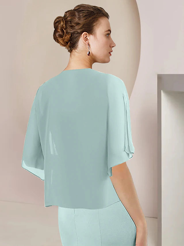 Luolandi Two Piece A-Line Mother of the Bride Dress Formal Wedding Guest Elegant High Low V Neck Asymmetrical Tea Length Chiffon Lace 3/4 Length Sleeve Wrap Included with Appliques