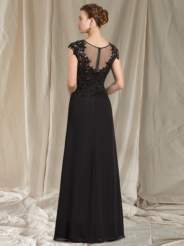 Luolandi Sheath / Column Mother of the Bride Dress Elegant Jewel Neck Floor Length Chiffon Lace Short Sleeve with Appliques