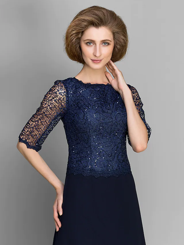 Luolandi Mother of the Bride Dress See Through Jewel Neck Ankle Length Chiffon Half Sleeve with Lace