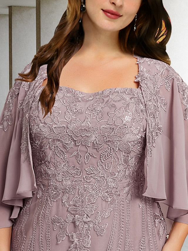 Luolandi Sheath / Column Plus Size Curve Mother of the Bride Dresses Elegant Dress Formal Tea Length Sleeveless Square Neck Chiffon with Beading