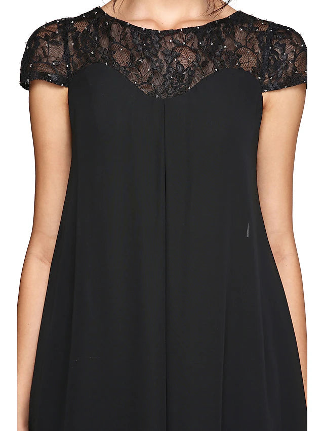 Luolandi A-Line Mother of the Bride Dress Plus Size Elegant Illusion Neck Knee Length Chiffon Lace Short Sleeve