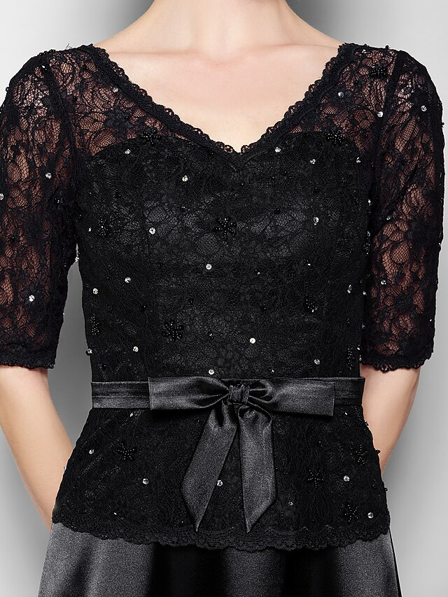 Luolandi Mother of the Bride Dress Elegant V Neck Floor Length Lace Satin Half Sleeve with Lace Bow(s)