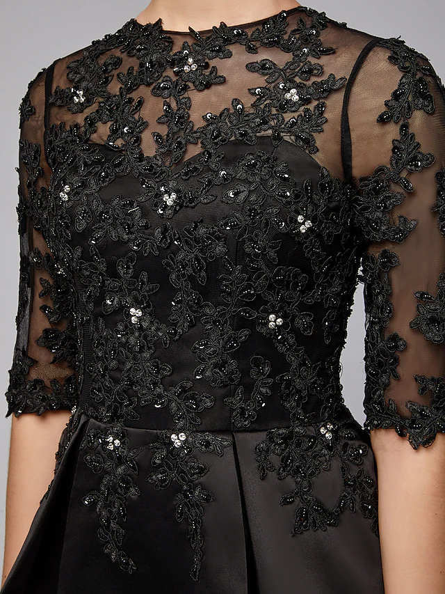 Luolandi Mother of the Bride Dress Sexy See Through Jewel Neck Lace Satin Half Sleeve with Beading Appliques Black
