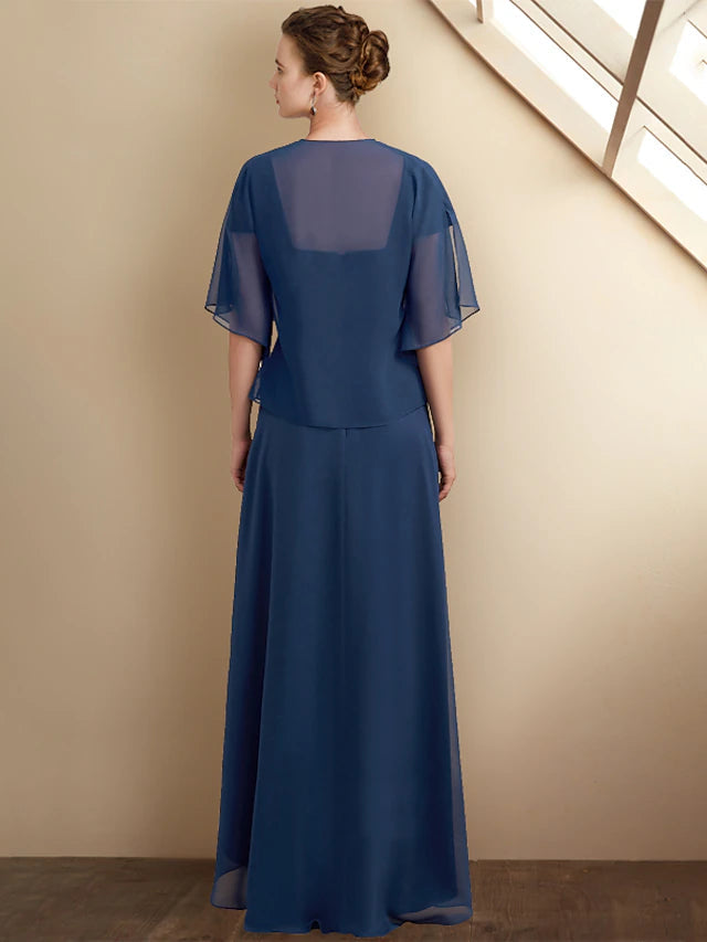 Luolandi A-Line Mother of the Bride Dress Elegant High Low Square Neck Asymmetrical Tea Length Chiffon Lace Cap Sleeve Wrap Included with Sequin Appliques