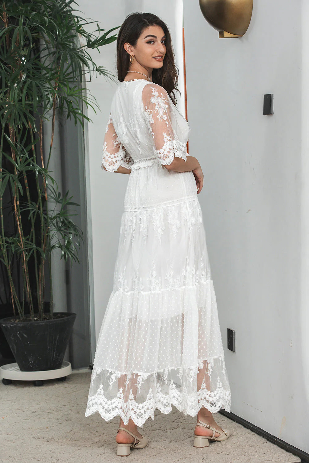 Luolandi A Line V Neck Boho Lace Long Modest Graduation Dress With Short Sleeves Beautiful