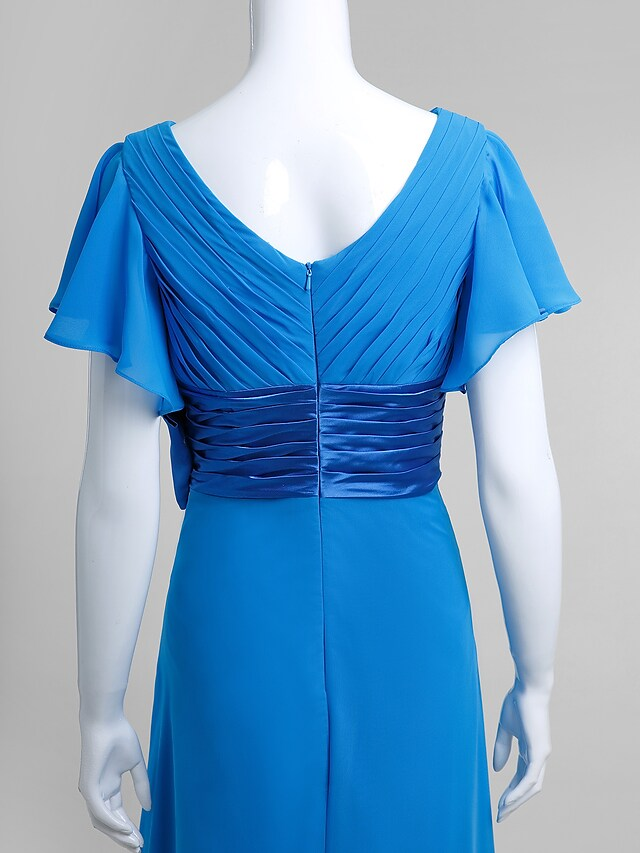 Luolandi Mother of the Bride Dress Elegant V Neck Floor Length Chiffon Short Sleeve with Crystals