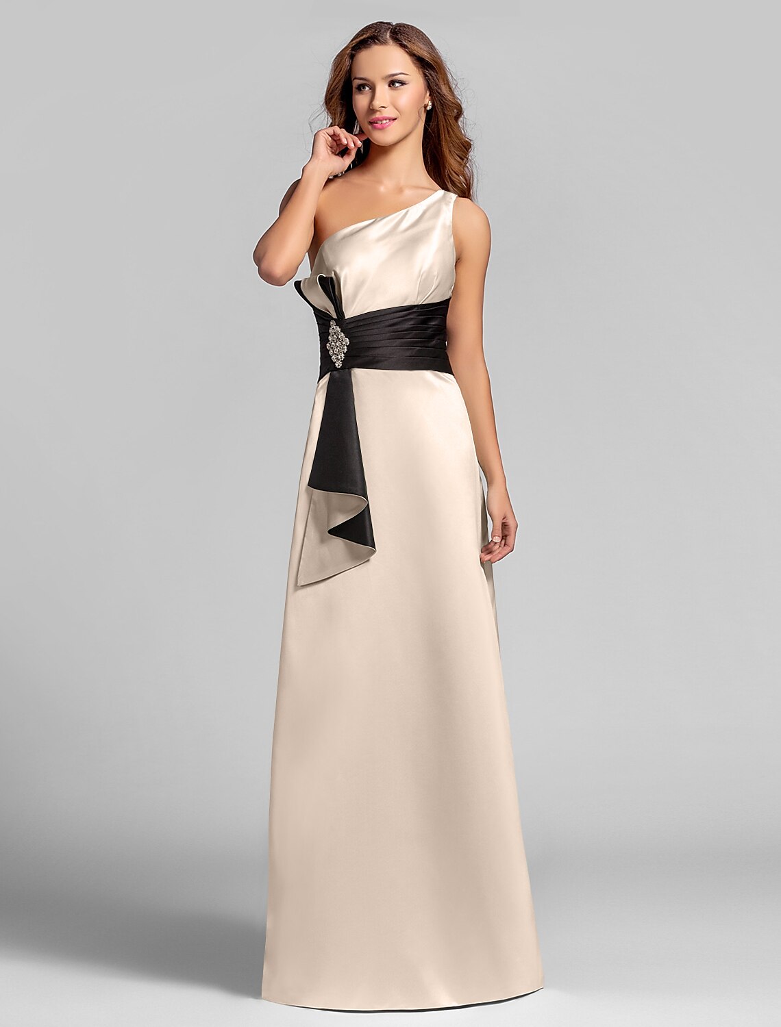 Luolandi A-Line One Shoulder Floor Length Satin Bridesmaid Dress with Crystal Brooch