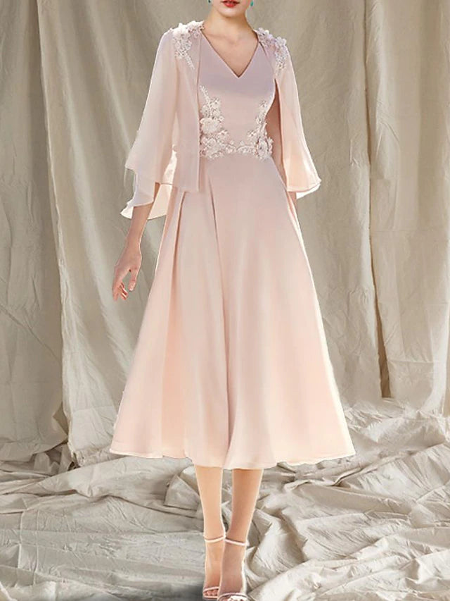 Luolandi Two Piece A-Line Mother of the Bride Dress Wedding Guest Church Elegant V Neck Tea Length Chiffon Sleeveless Wrap Included with Appliques Excluding hat