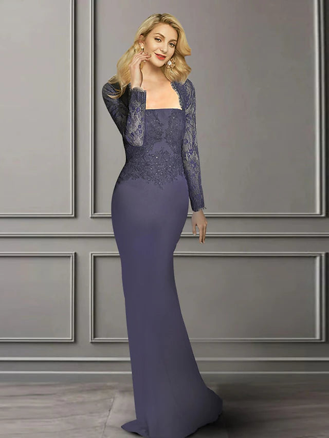 Luolandi Sheath / Column Mother of the Bride Dress Elegant Square Neck Sweep / Brush Train Chiffon Lace Long Sleeve