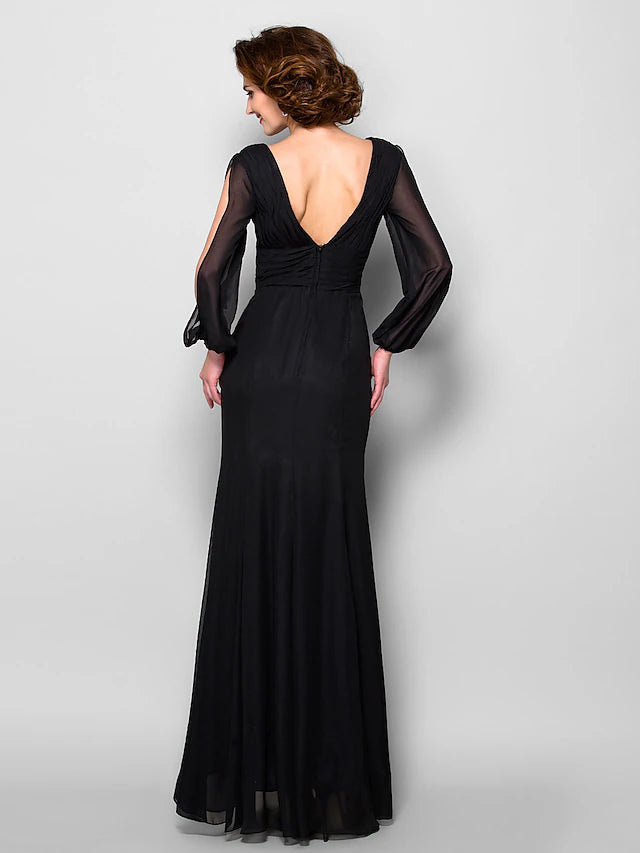 Luolandi A-Line Mother of the Bride Dress Open Back V Neck Floor Length Chiffon Long Sleeve