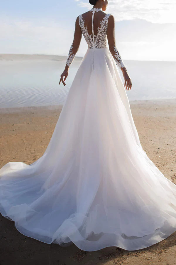 Luolandi A-line illusion collar lace decal long sleeved Bohemian wedding dress Beautiful