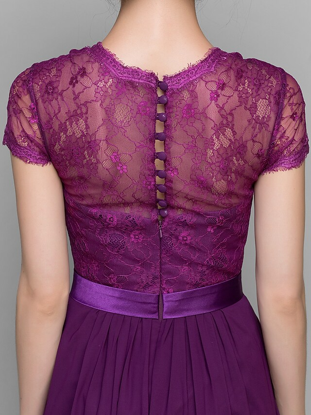 Luolandi A-Line Mother of the Bride Dress Square Neck Floor Length Chiffon Lace Short Sleeve with Lace Grape