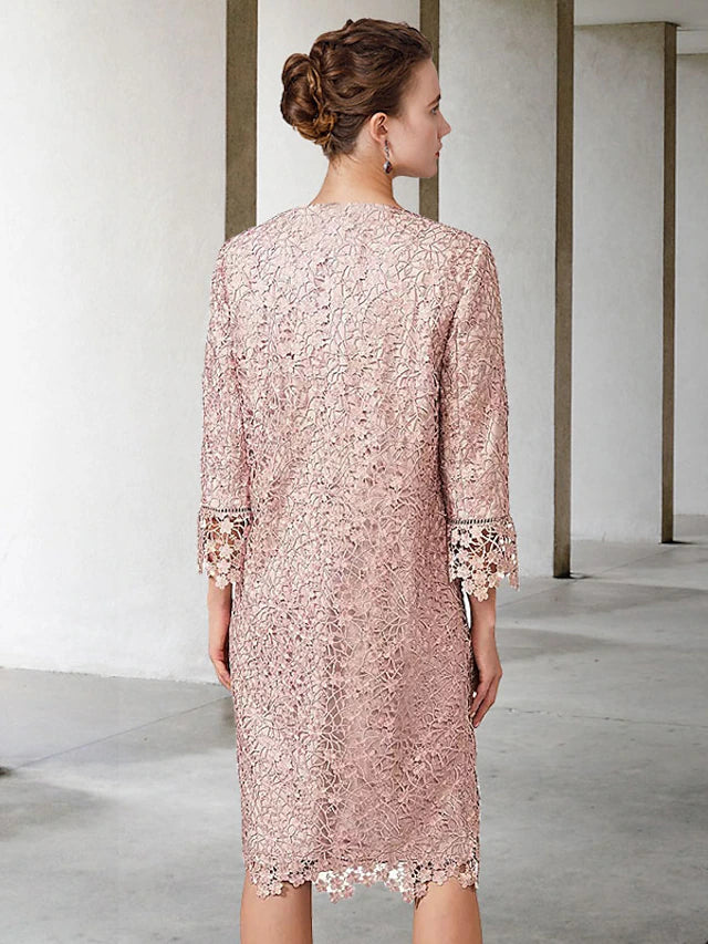 Luolandi Two Piece Sheath / Column Mother of the Bride Dress Church Elegant Jewel Neck Knee Length Chiffon Lace Short Sleeve Jacket Dresses
