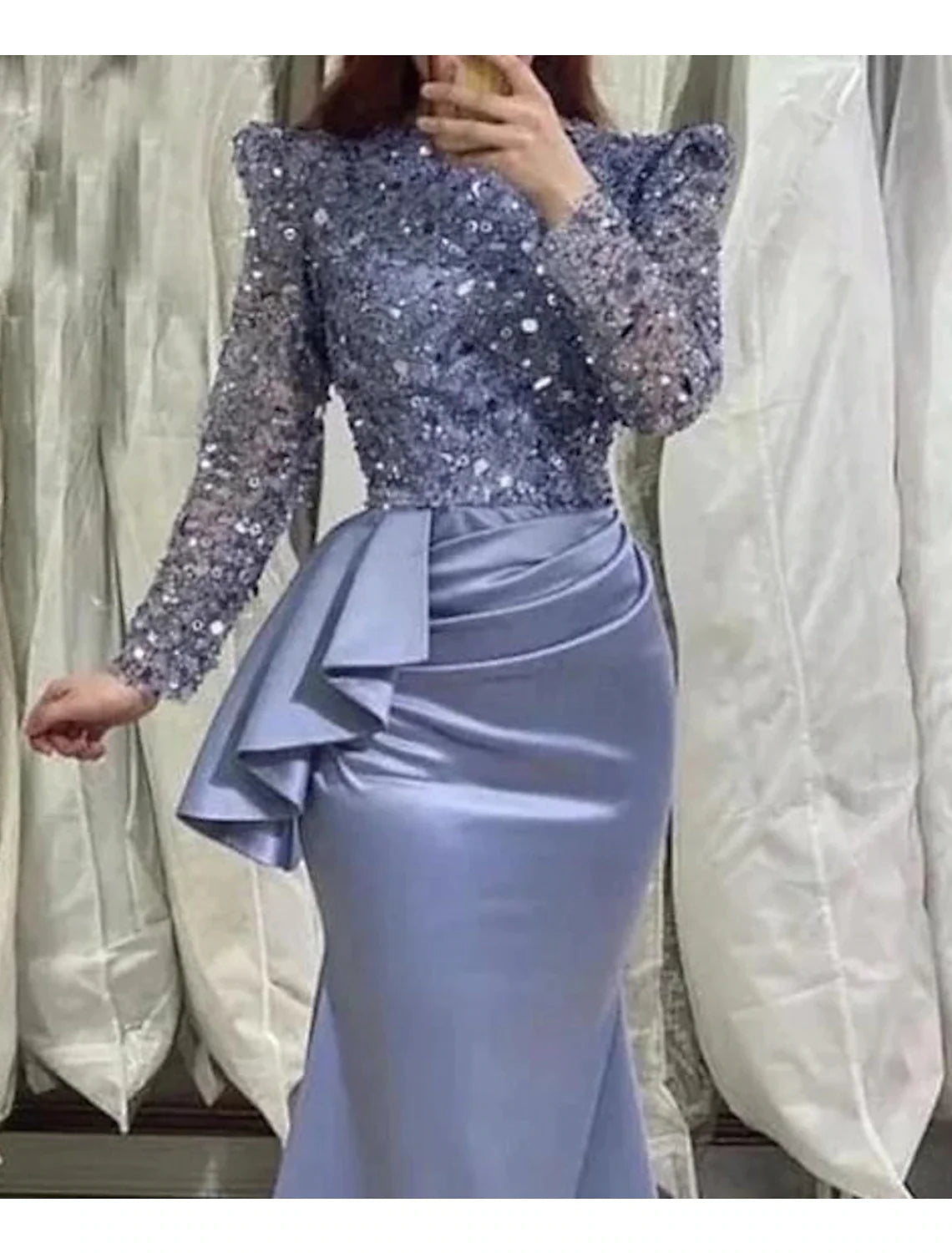 Luolandi Sheath / Column Long Sleeves Evening Gown Elegant Prom Dress Sparkly Formal Dress