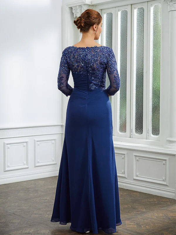 Luolandi Sheath/Column Chiffon Applique Bateau 3/4 Sleeves Floor-Length Mother of the Bride Dresses Beautiful