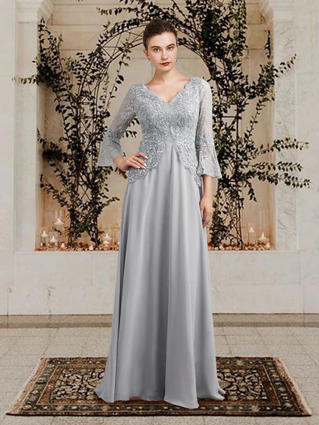 Luolandi A-Line Mother of the Bride Dress Plus Size Elegant V Neck Floor Length Chiffon Lace 3/4 Length Sleeve with Appliques