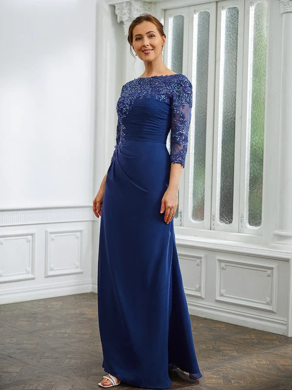 Luolandi Sheath/Column Chiffon Applique Bateau 3/4 Sleeves Floor-Length Mother of the Bride Dresses Beautiful