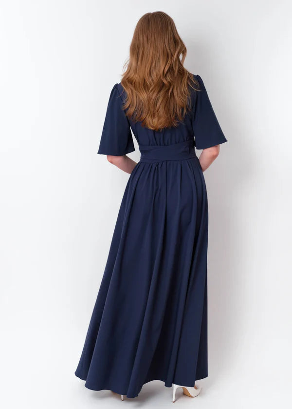 Luolandi Navy Blue Long Slit Dress With Belt Bridesmaid Dress Cocktail Dress Wedding Guest Dress Elegant