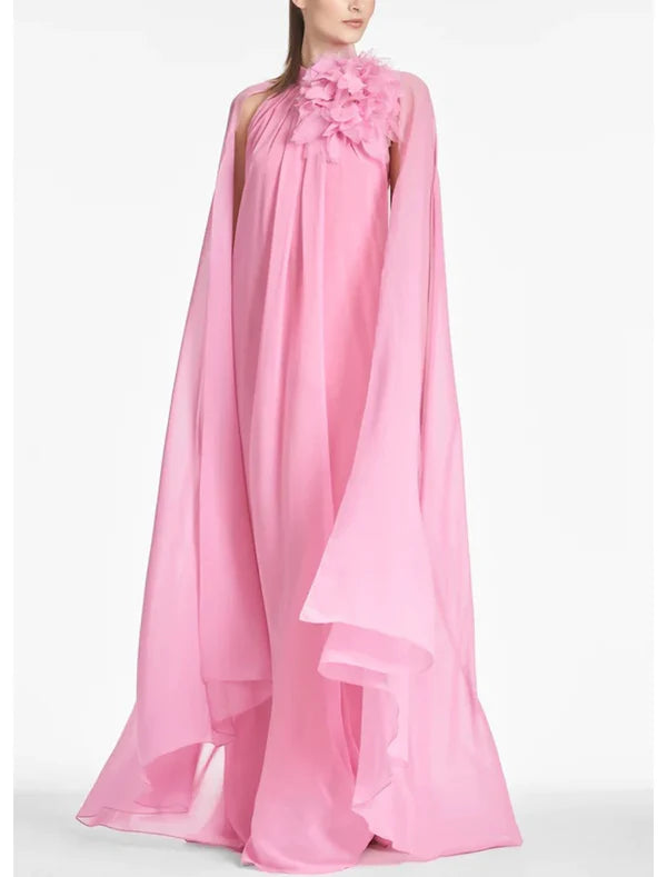 Luolandi A-Line Evening Gown Elegant Dress Formal Prom Floor Length Sleeveless Jewel Neck Chiffon with Shouder Flower Pink Wedding Guest Dress