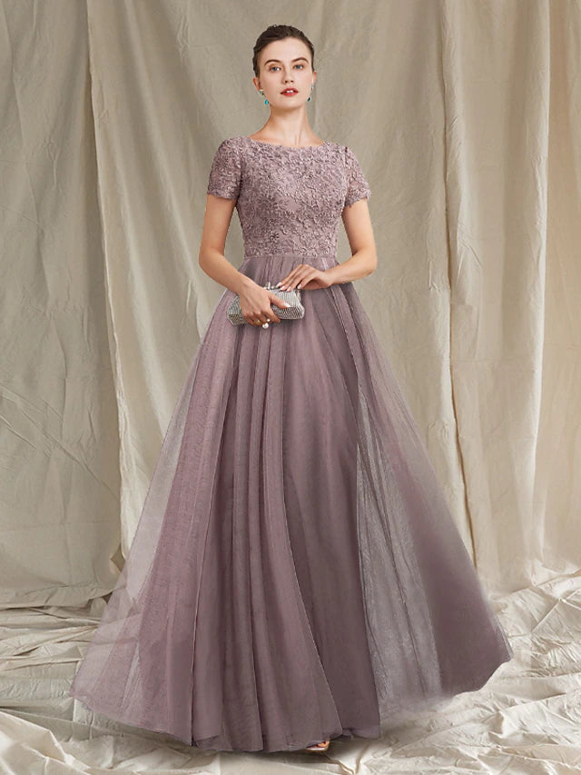Luolandi A-Line Mother of the Bride Dress Luxurious Elegant Jewel Neck Floor Length Lace Tulle Short Sleeve with Pleats