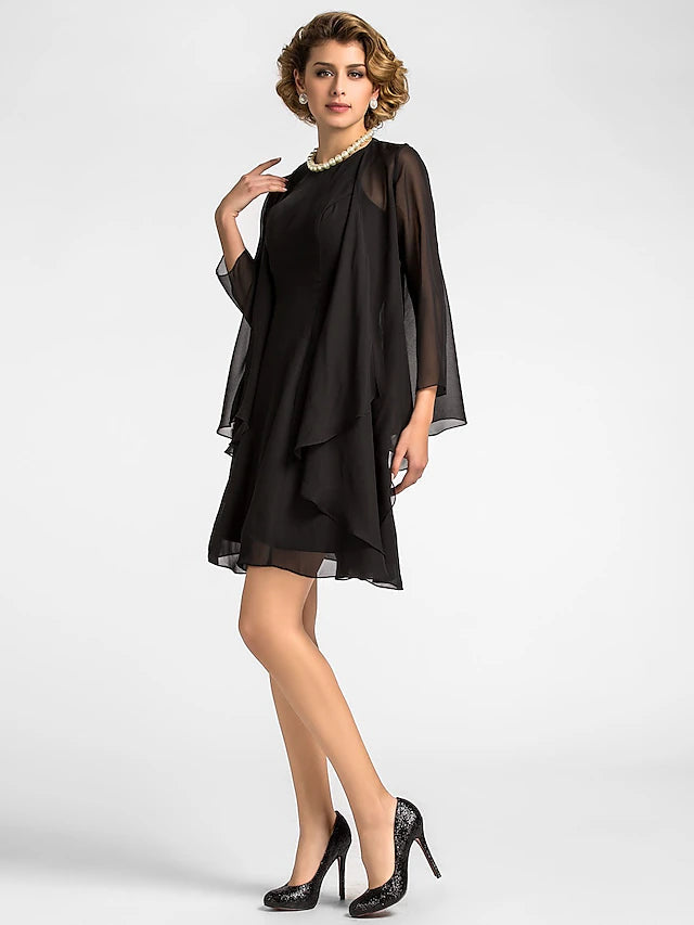 Luolandi A-Line Mother of the Bride Dress Wrap Included Jewel Neck Knee Length Chiffon 3/4 Length Sleeve