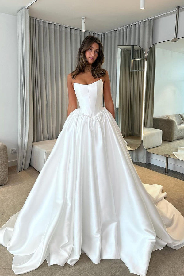 Luolandi Elegant A Line Ball Gown Strapless Satin Off Shoulder Floor Length Wedding Dresses