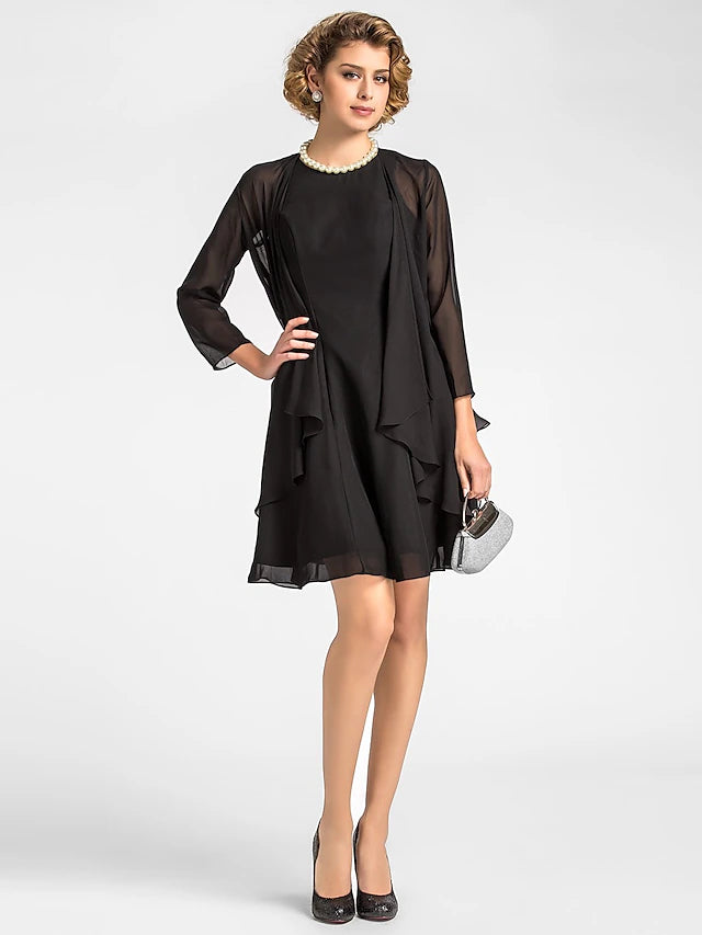 Luolandi A-Line Mother of the Bride Dress Wrap Included Jewel Neck Knee Length Chiffon 3/4 Length Sleeve