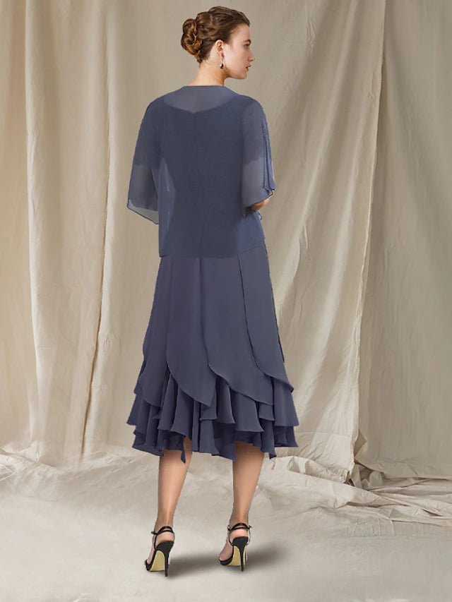 Luolandi Mermaid / Trumpet Mother of the Bride Dress Elegant High Low Jewel Neck Asymmetrical Tea Length Chiffon Lace Short Sleeve Wrap Included with Lace