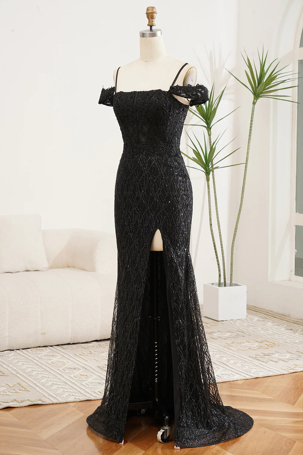 Luolandi Sparkly Black Mermaid Off The Shoulder Prom Dress With Slit Charming Evening Dress