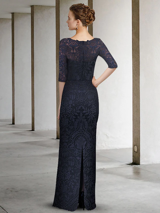 Luolandi A-Line Mother of the Bride Dress Elegant Jewel Neck Chiffon Lace Half Sleeve with Pleats Dark Navy