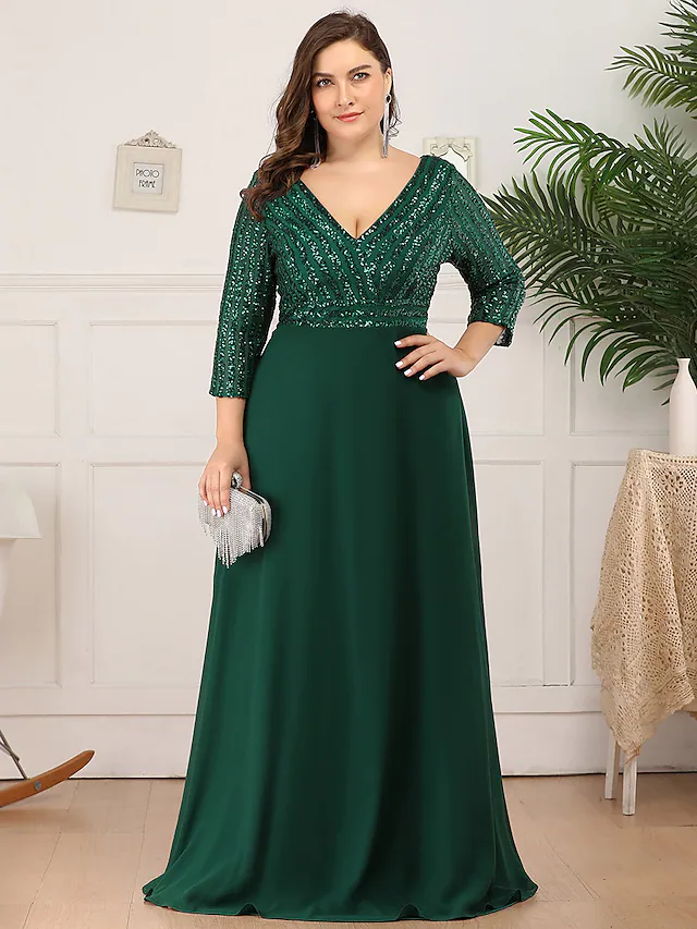 Luolandi Mother of the Bride Dress Plus Size Elegant V Neck Floor Length Polyester 3/4 Length Sleeve with Sequin Dark Green