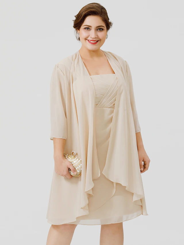 Luolandi Sheath / Column Mother of the Bride Dress Plus Size Elegant Straps Knee Length Chiffon Sheer Lace Sleeveless yes with Criss Cross Beautiful