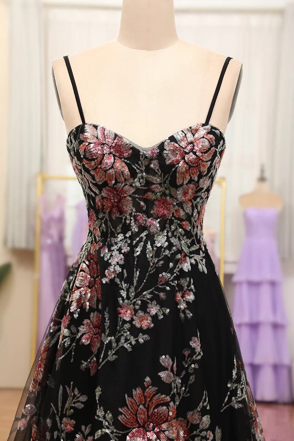 Luolandi A Line Black Floral Spaghetti Straps Printed Long Prom Dress With Flowers Beautiful