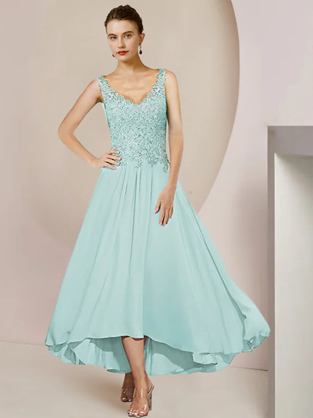 Luolandi Two Piece A-Line Mother of the Bride Dress Formal Wedding Guest Elegant High Low V Neck Asymmetrical Tea Length Chiffon Lace 3/4 Length Sleeve Wrap Included with Appliques