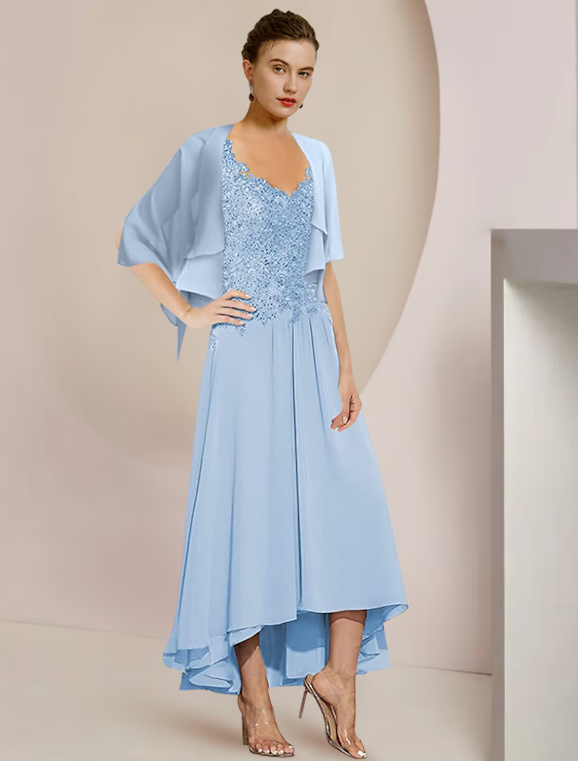 Luolandi Two Piece A-Line Mother of the Bride Dress Formal Wedding Guest Elegant High Low V Neck Asymmetrical Tea Length Chiffon Lace 3/4 Length Sleeve Wrap Included with Appliques