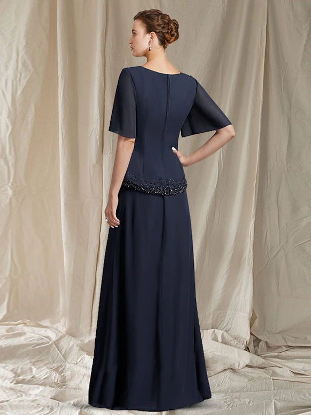 Luolandi A-Line Mother of the Bride Dress Elegant Jewel Neck Floor Length Chiffon Short Sleeve
