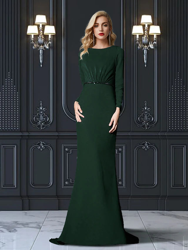 Luolandi Sheath / Column Mother of the Bride Dress Plus Size Elegant Jewel Neck Sweep / Brush Train Chiffon Long Sleeve with Sash