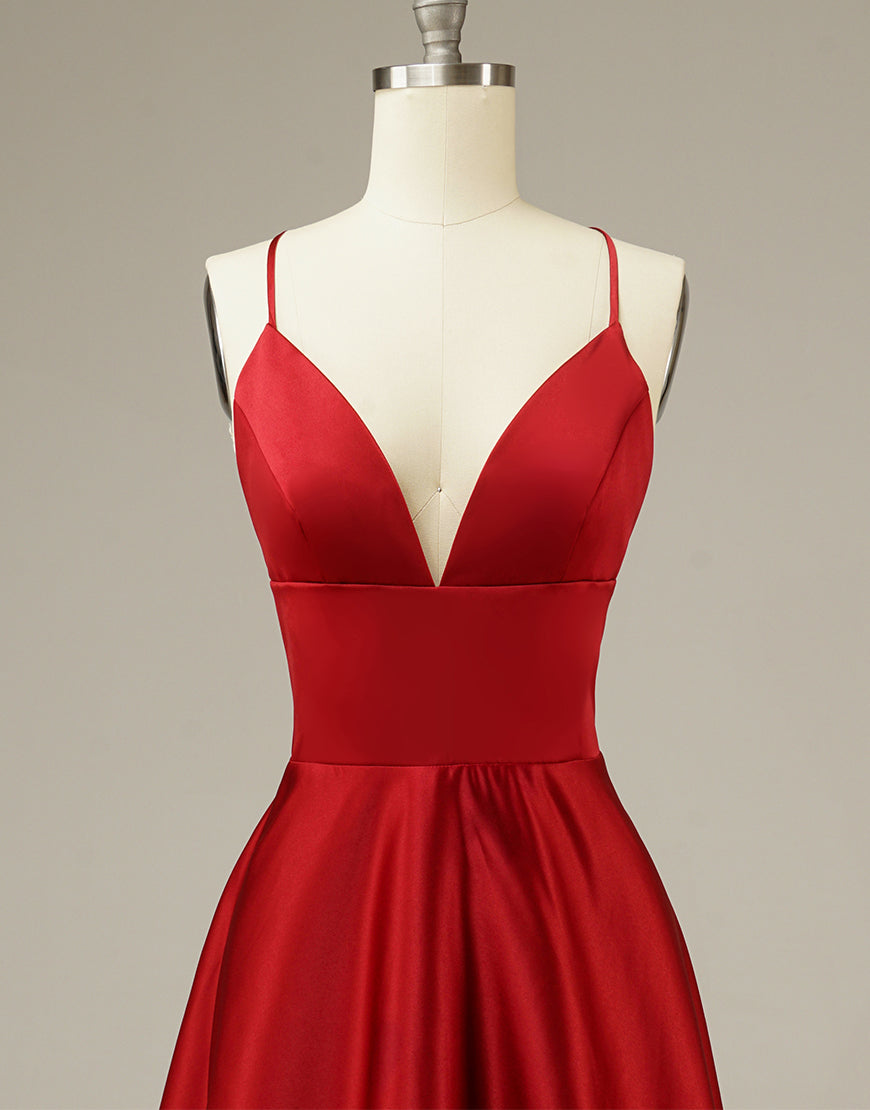 Luolandi Simple Long Satin Red Prom Dress V-neck Floor Length Sexy Evening Dresses