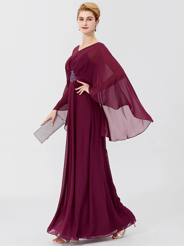 Luolandi Sheath / Column Mother of the Bride Dress Formal Classic & Timeless Elegant & Luxurious Elegant V Neck Floor Length Chiffon Long Sleeve with Pleats