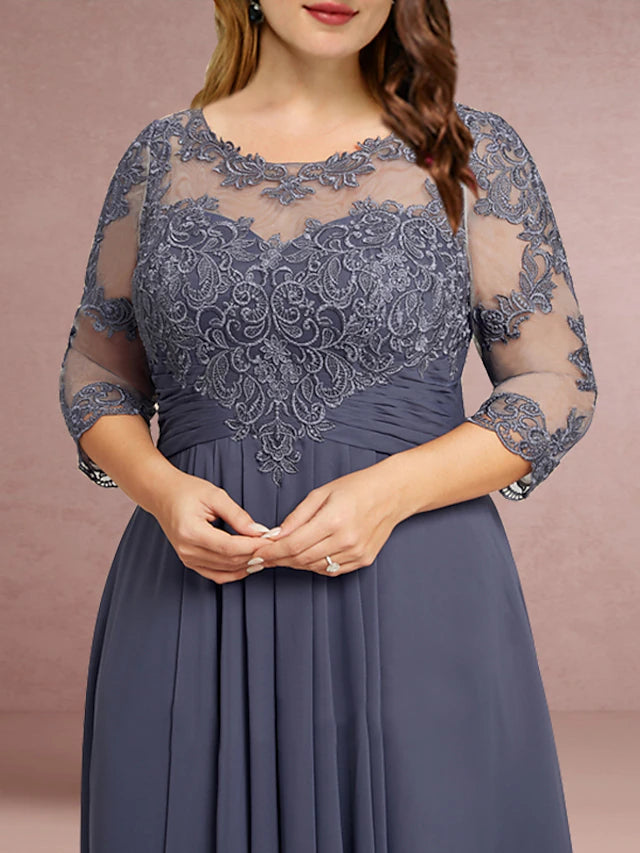 Luolandi Sheath / Column Mother of the Bride Dress Wedding Guest Elegant Jewel Neck Asymmetrical Chiffon Lace 3/4 Length Sleeve with Pleats