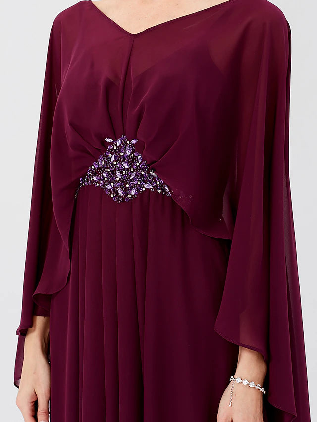 Luolandi Sheath / Column Mother of the Bride Dress Formal Classic & Timeless Elegant & Luxurious Elegant V Neck Floor Length Chiffon Long Sleeve with Pleats