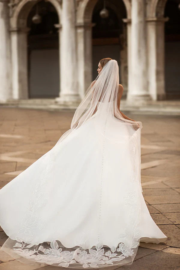 Luolandi A line Sweetheart satin pleated long sleeved rural style slit wedding dress Without Headscarf