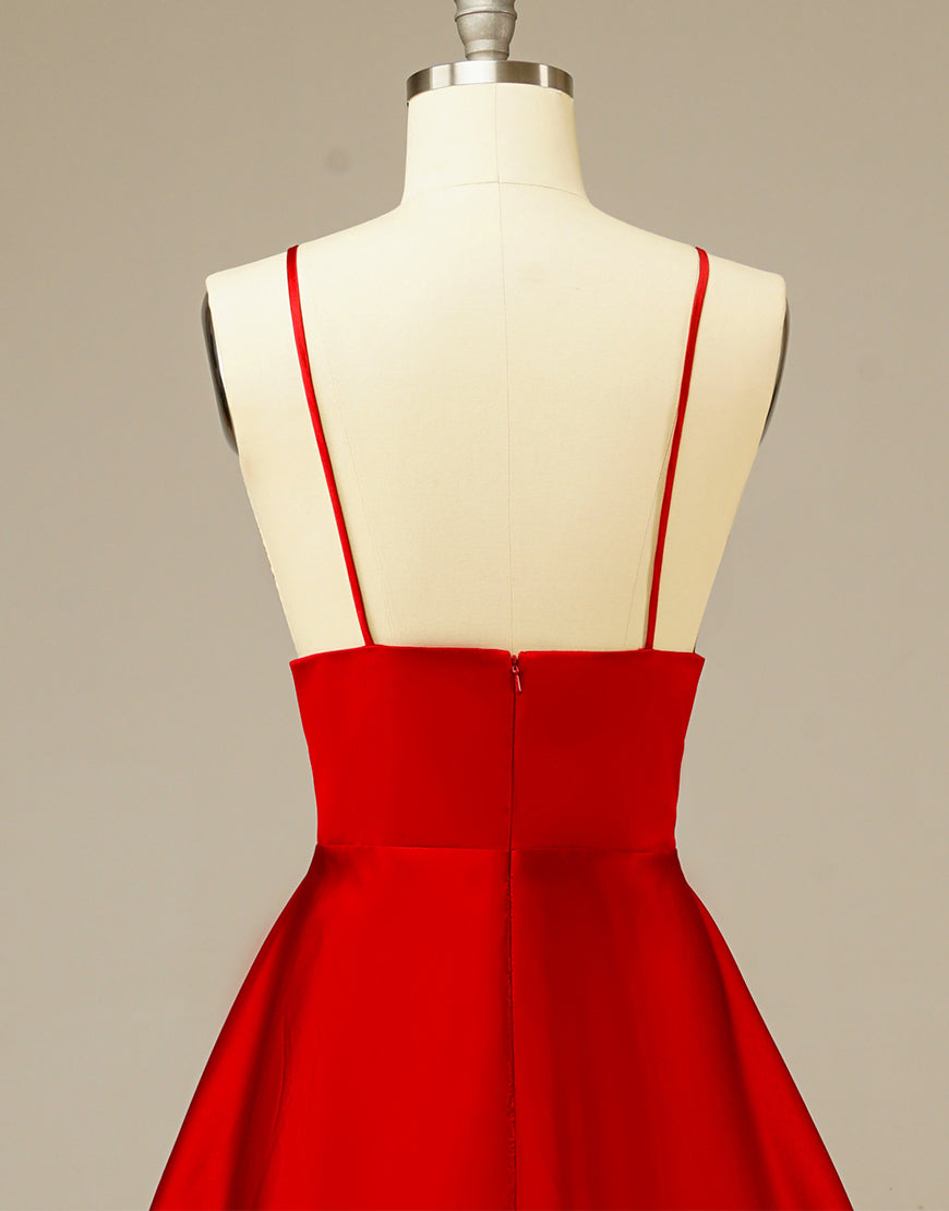 Luolandi Simple Long Satin Red Prom Dress V-neck Floor Length Sexy Evening Dresses